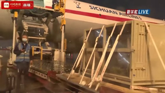 자이언트 판다 푸바오가 3일현지시간 오후 7시쯤 청두국제공항으로 도착한 모습. 사진 유튜브 캡처